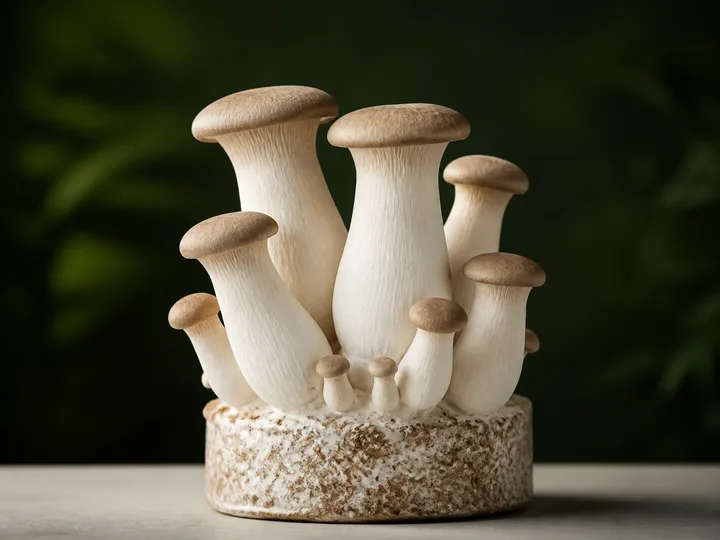 King oyster mushrooms grown from a substrate bag