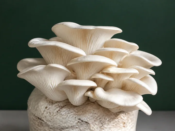 White oyster mushrooms grown from a substrate bag