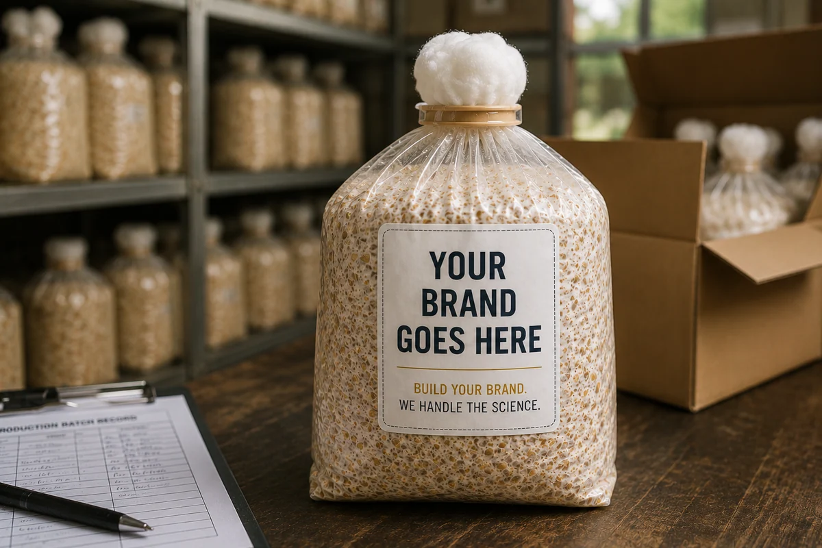 Concept image showing a full-size partner label on an oyster mushroom spawn bag