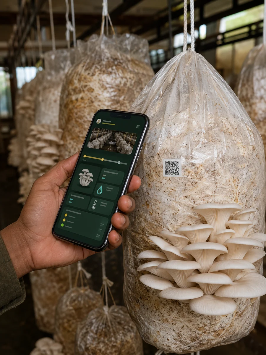 Grower using SporeFlow to track an oyster mushroom cultivation bag